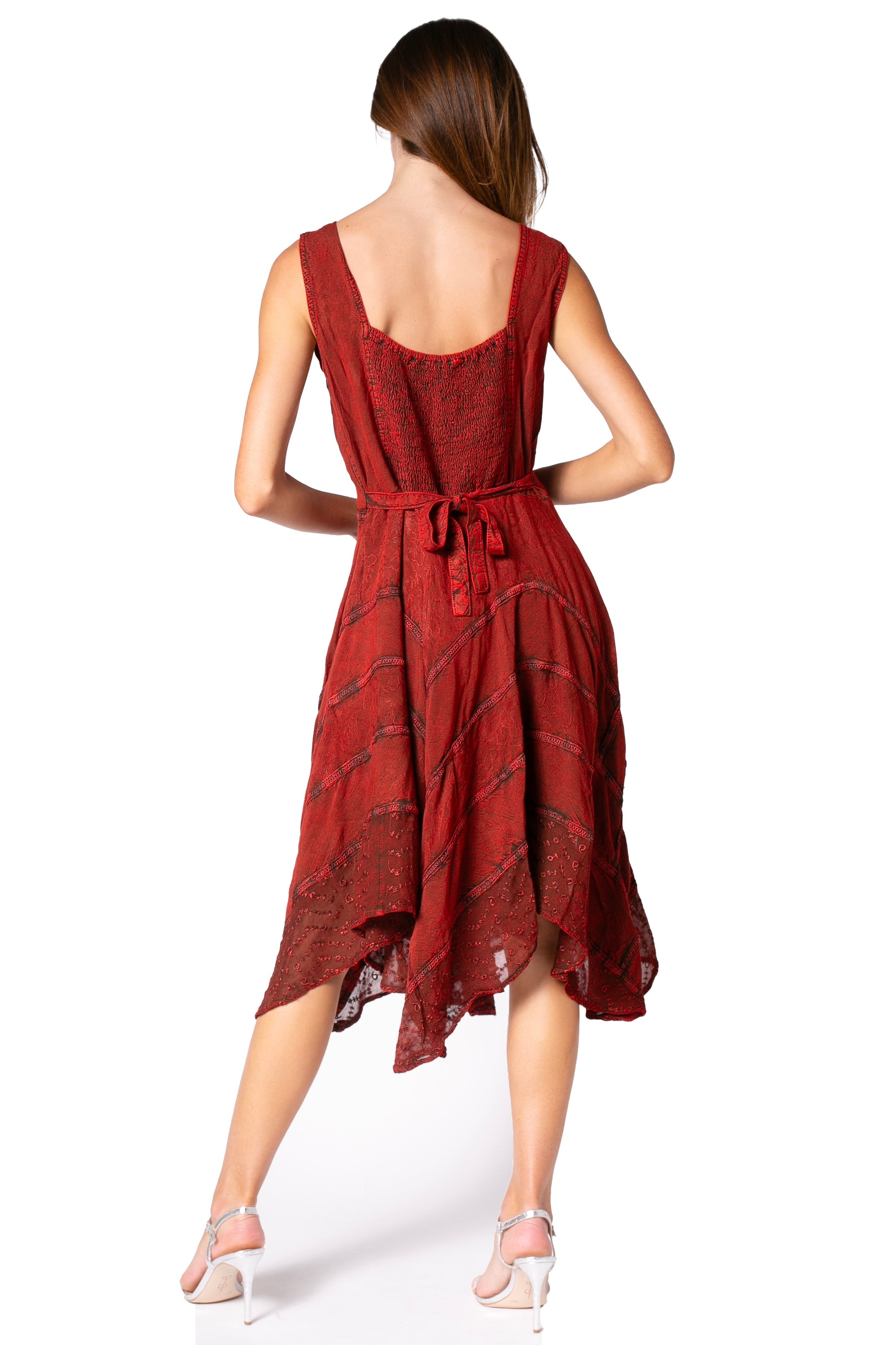 Sakkas Sundara Stonewashed Rayon Embroidered Mid Length Dress